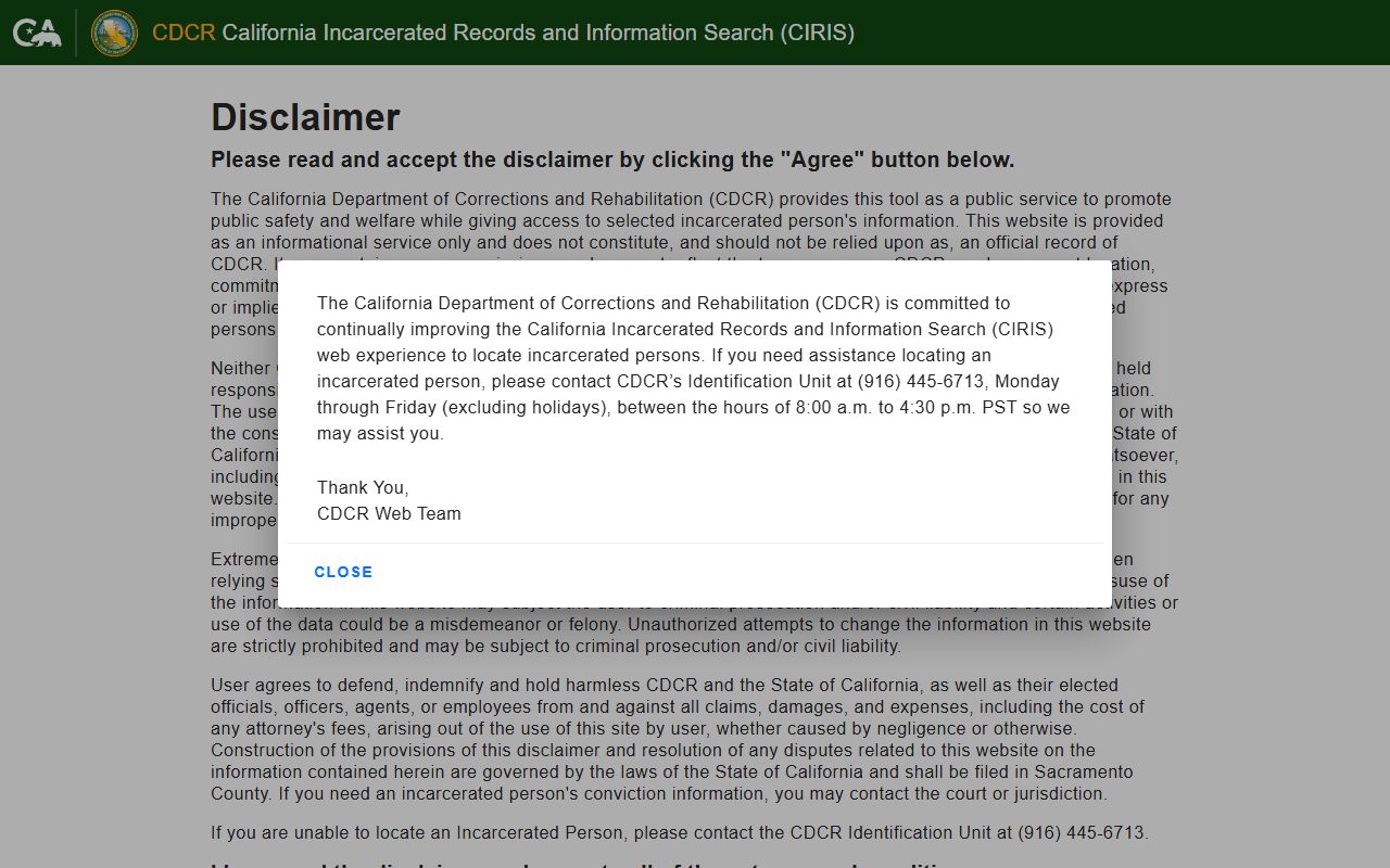 California Health Care Facility Stockton CDCR CIRIS inmate search form